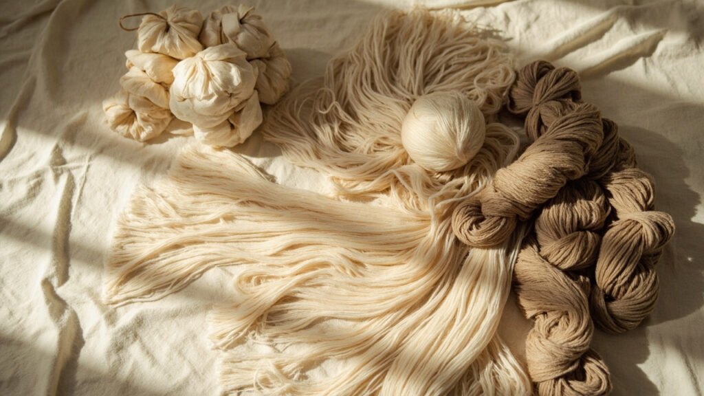 Cocons, filaments longs, schappe et douppioni sur lin brut