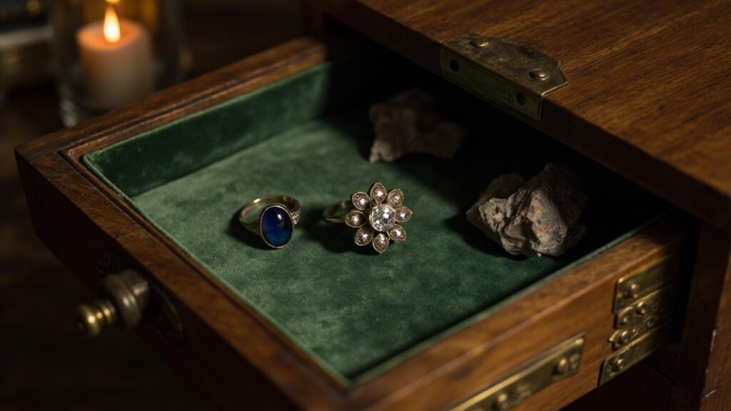 Coffret ancien ouvert sur velours émeraude et pierres taillées.