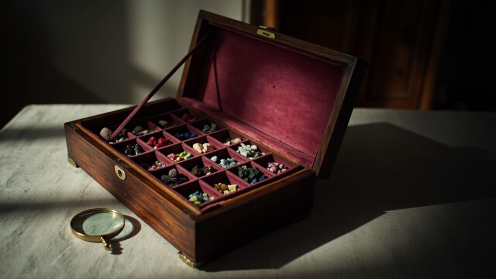 Coffret en acajou ouvert sur velours présentant des pierres colorées.