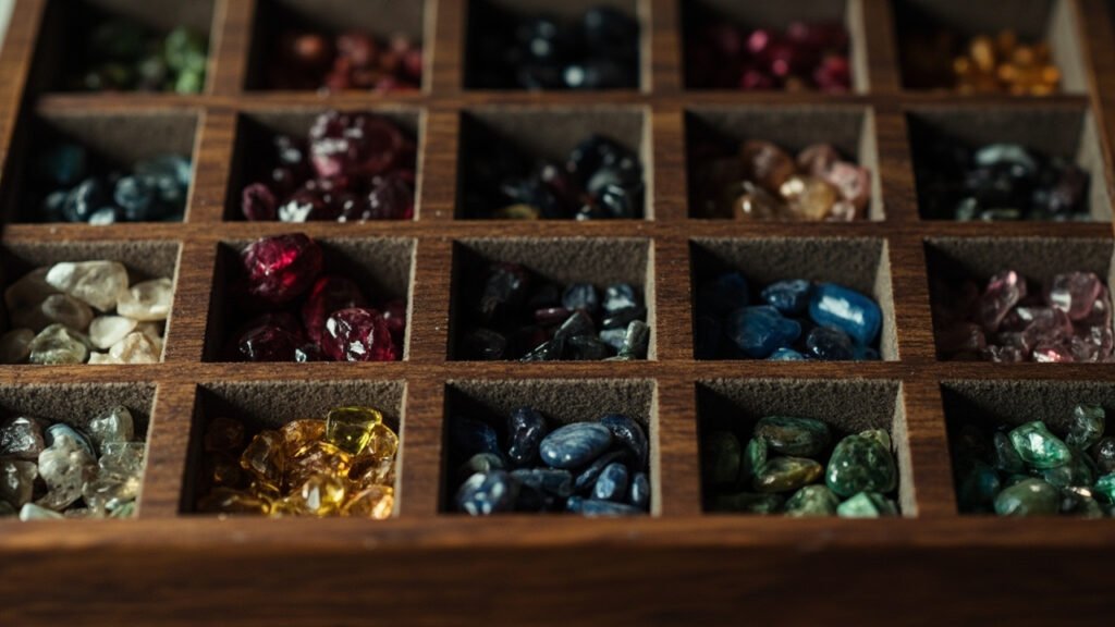 Coffret en noyer compartimenté présentant des gemmes triées par couleur.