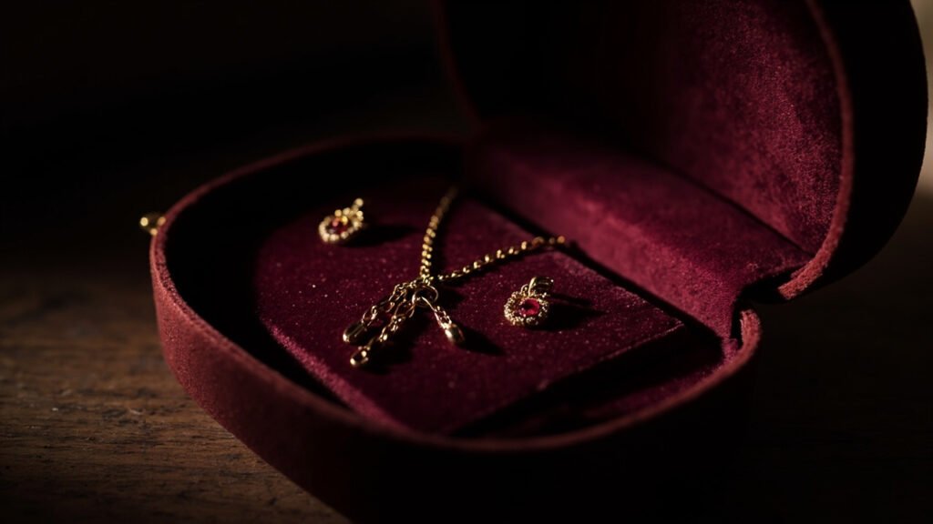 Coffret velours bordeaux, collier en or et boucles d'oreilles rubis.