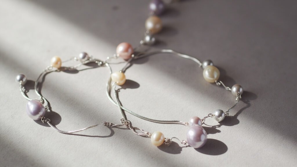 Collier d'argent et perles d'eau douce drapé sur tissu étain brossé.