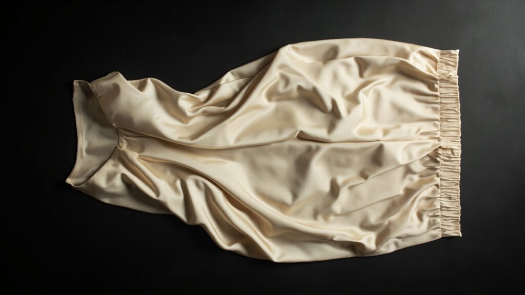 Combinaison en satin champagne sur fond noir mat, plis géométriques.