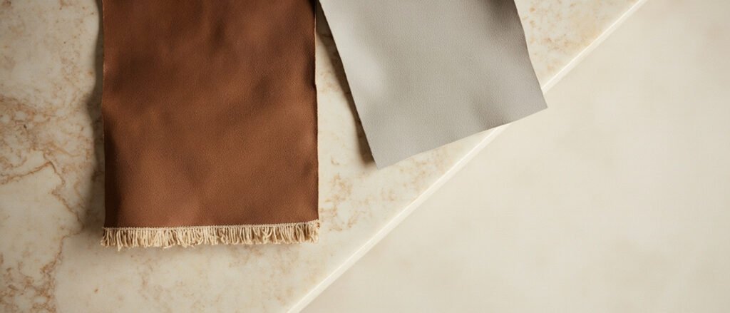 Comparaison: cuir à tannage végétal cognac et cuir à tannage au chrome taupe.