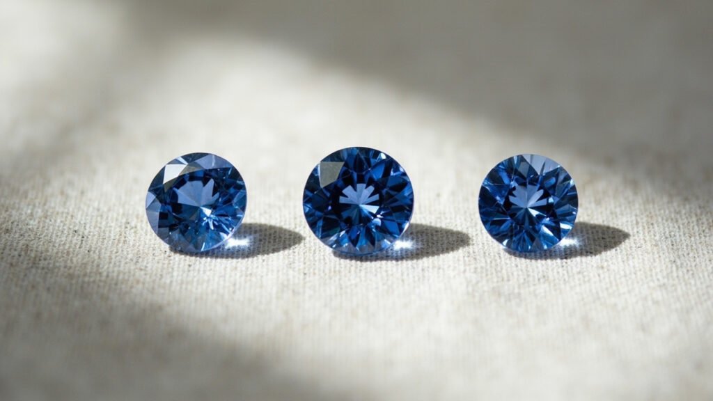 Comparaison de trois saphirs de pureté croissante avec inclusions visibles