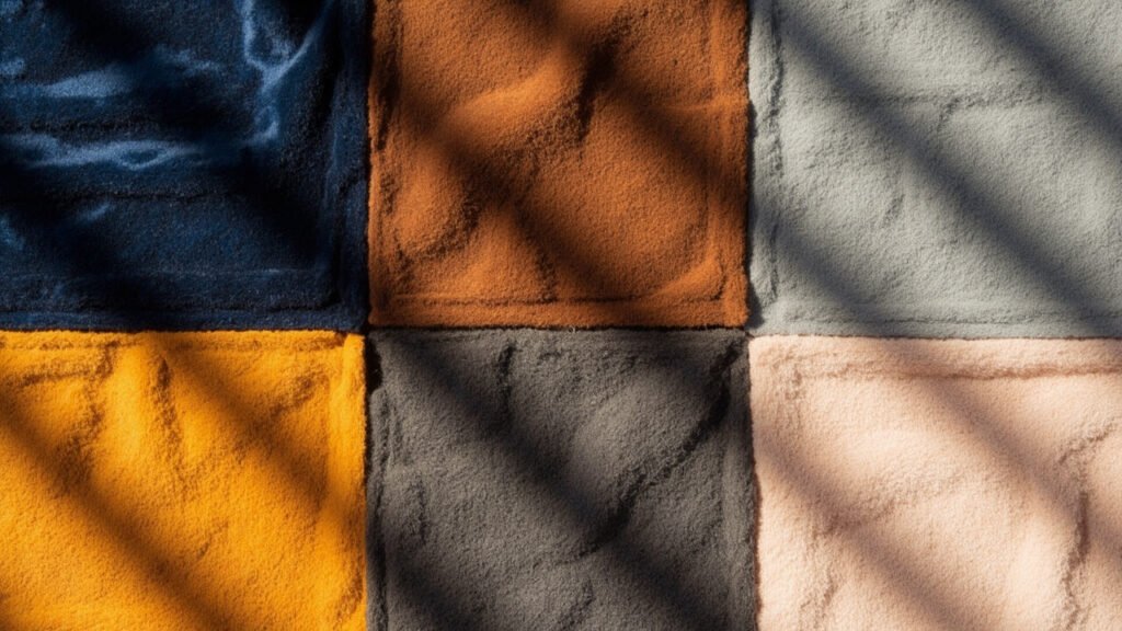 Comparaison en grille des cinq étoffes sous lumière latérale.