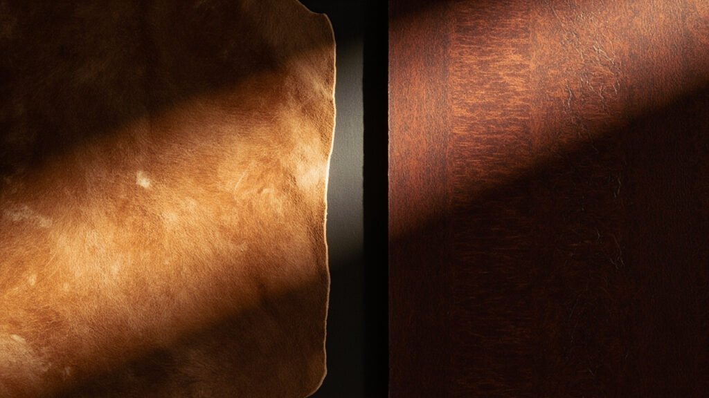 Comparaison en lumière rasante entre cuir pleine fleur et cuir corrigé.