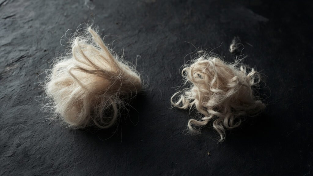 Comparaison visuelle de touffes de fibres de cachemire longues et courtes