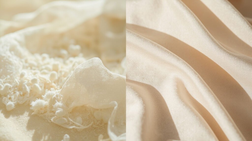 Comparaison visuelle du boulochage entre polyester et soie naturelle après lavage
