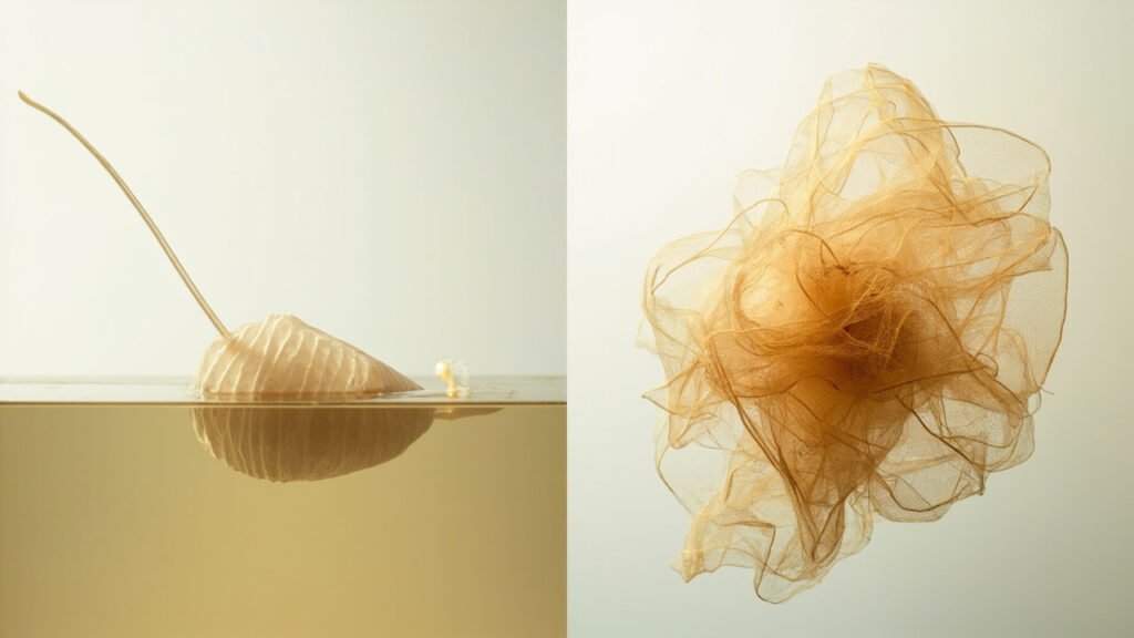 Comparaison visuelle : filament continu de cocon et fibres courtes filées
