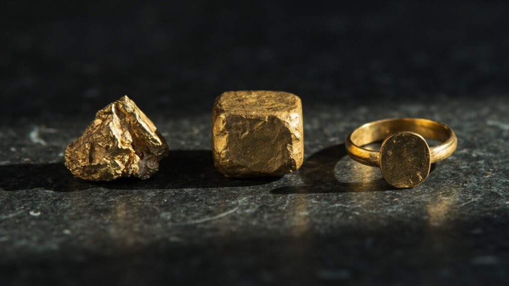 Comparaison visuelle : or brut, or recyclé, bague ancienne.