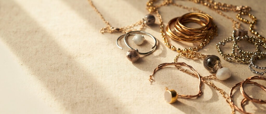 Composants bijoux fantaisie étalés : chaînes laiton, acier, bronze et quartz fumé.
