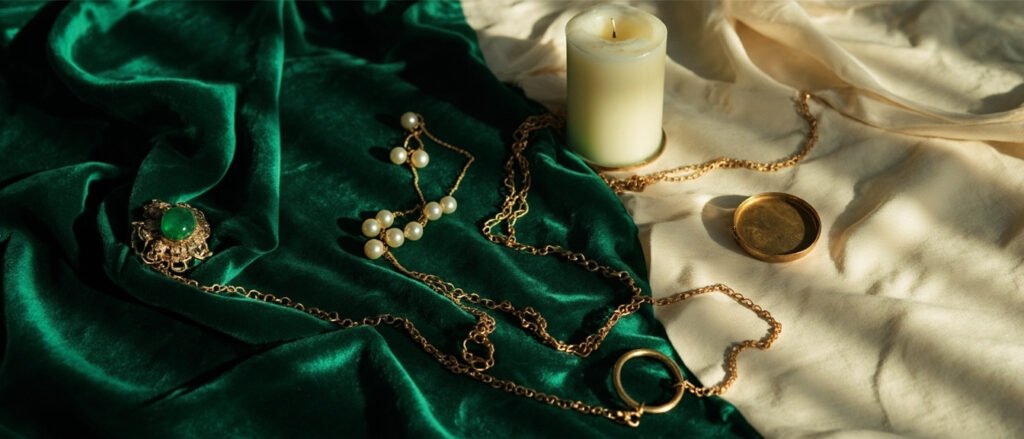 Composition panoramique : chaînes en or, broche émeraude, perles et velours vert profond.