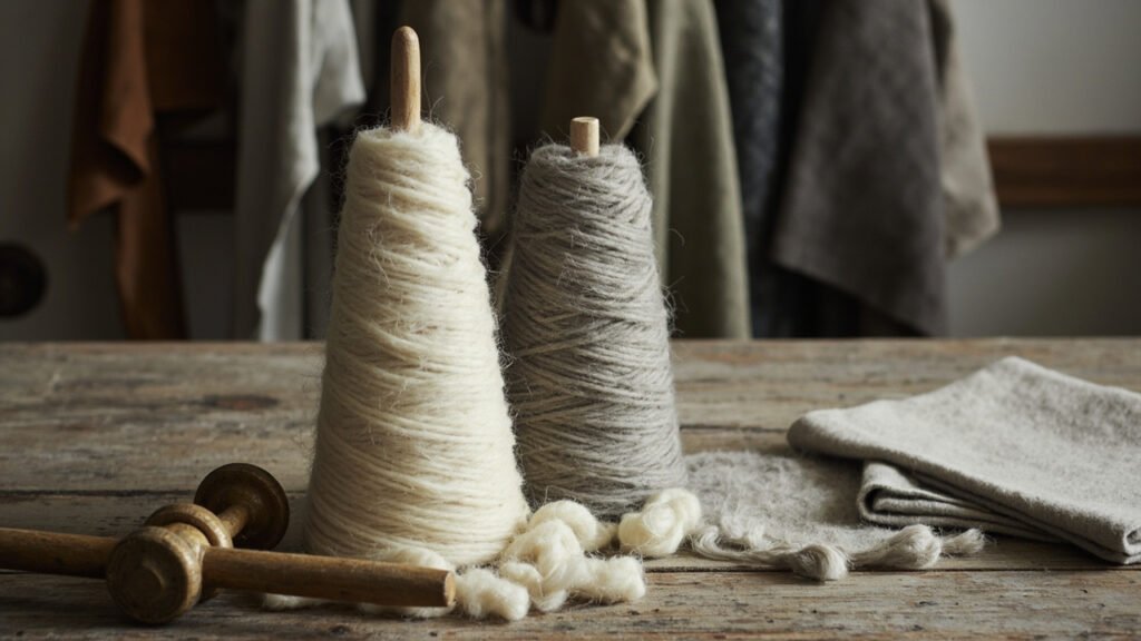 Cônes de fil cachemire écru sur établi de manufacture.