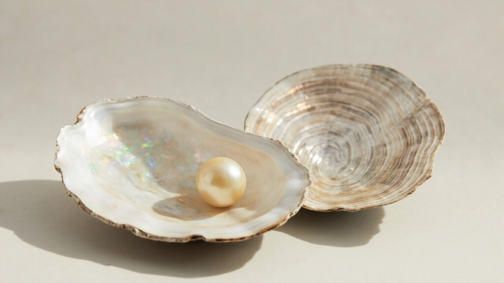 Coquille d'huître ouverte révélant une perle sur nacre irisée.