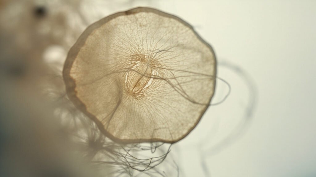 Coupe microscopique d'une fibre de lin montrant sa structure creuse et nervurée