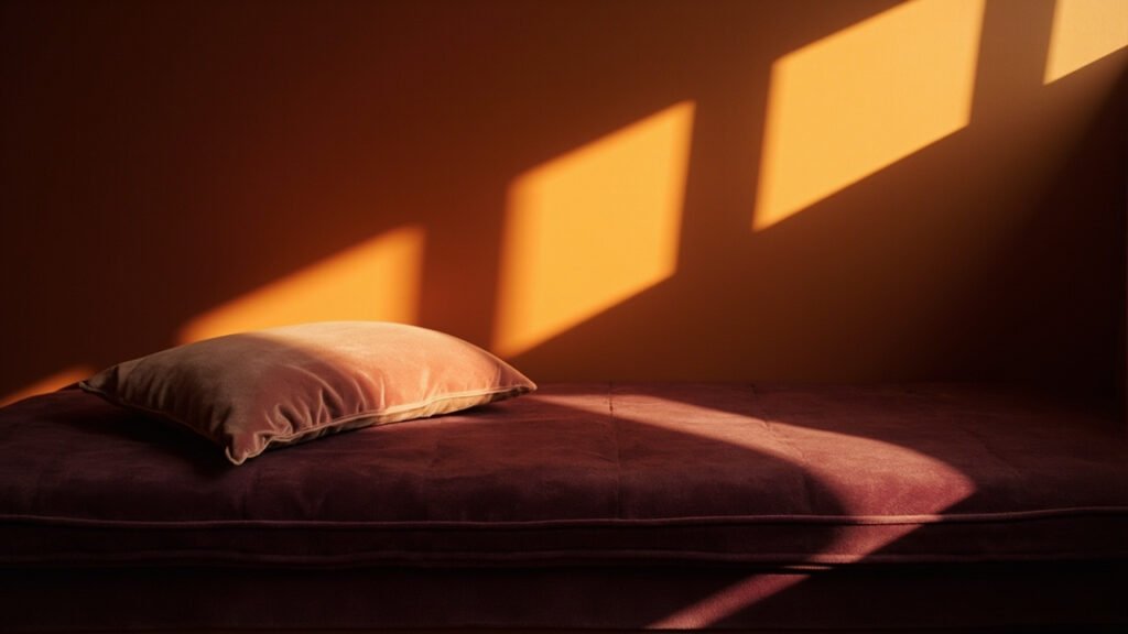 Coussin de velours aubergine éclairé en lumière rasante par une fenêtre.