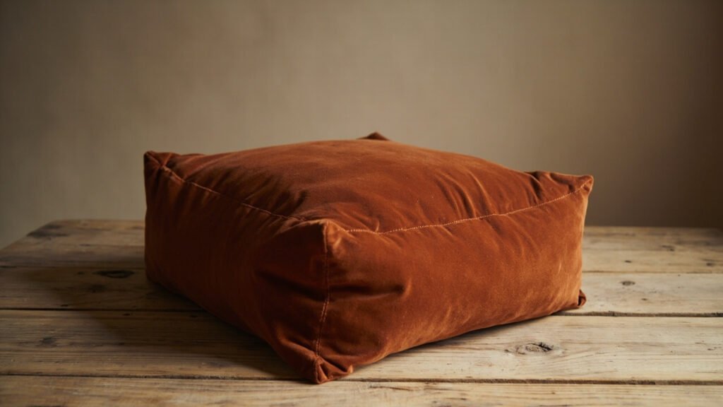 Coussin de velours de coton terracotta mat posé sur chêne vieilli.