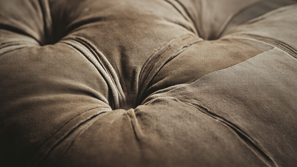 Coussin de velours écrasé montrant les marques d'usure ternes.