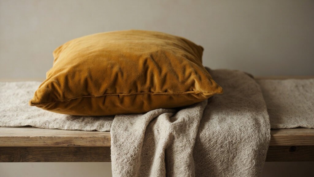 Coussin de velours moutarde contrastant avec lin brut et chêne.