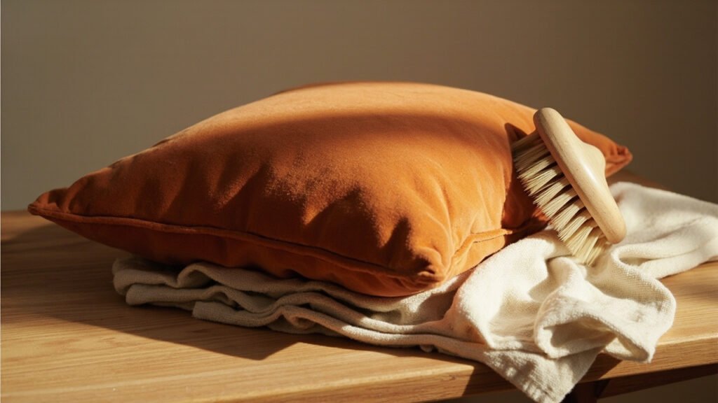 Coussin en velours de coton orange, brosse douce et chiffon.