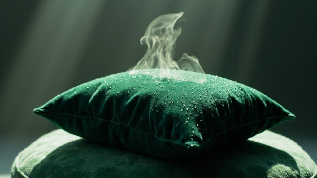 Coussin velours émeraude, gouttelettes et vapeur légère.