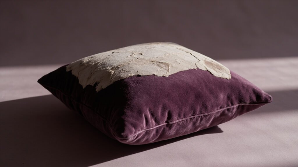 Coussin velours prune aux zones d'usure, poil écrasé et décoloré.