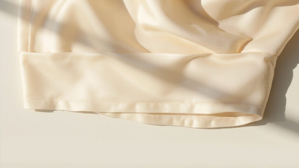 Couture anglaise et biais sur panneaux de satin champagne.