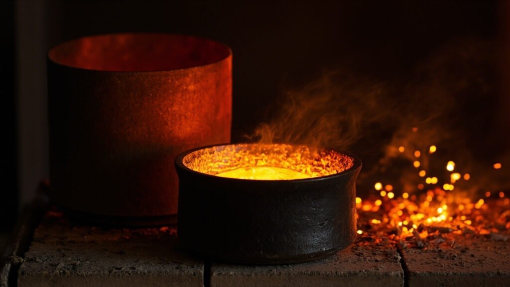Creuset rempli d'or en fusion à côté d'un cylindre incandescent.