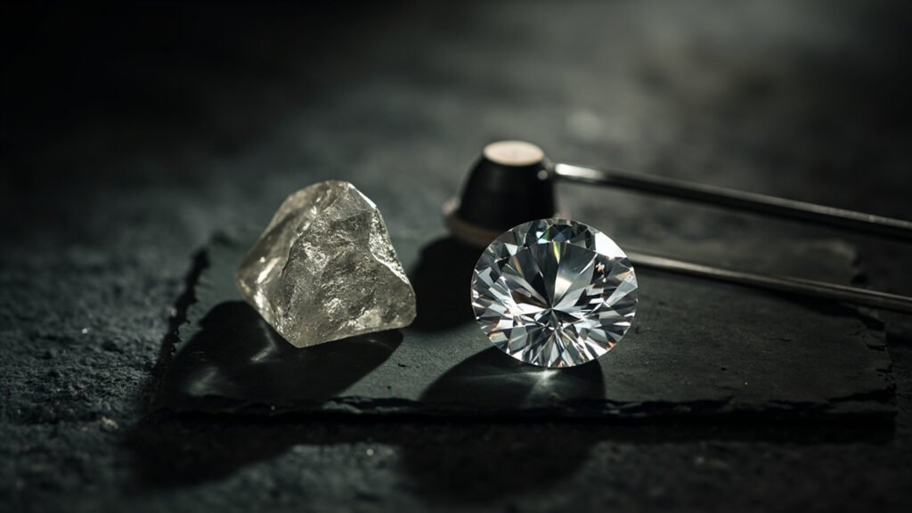 Cristal brut et diamant taillé sur ardoise avec outils.