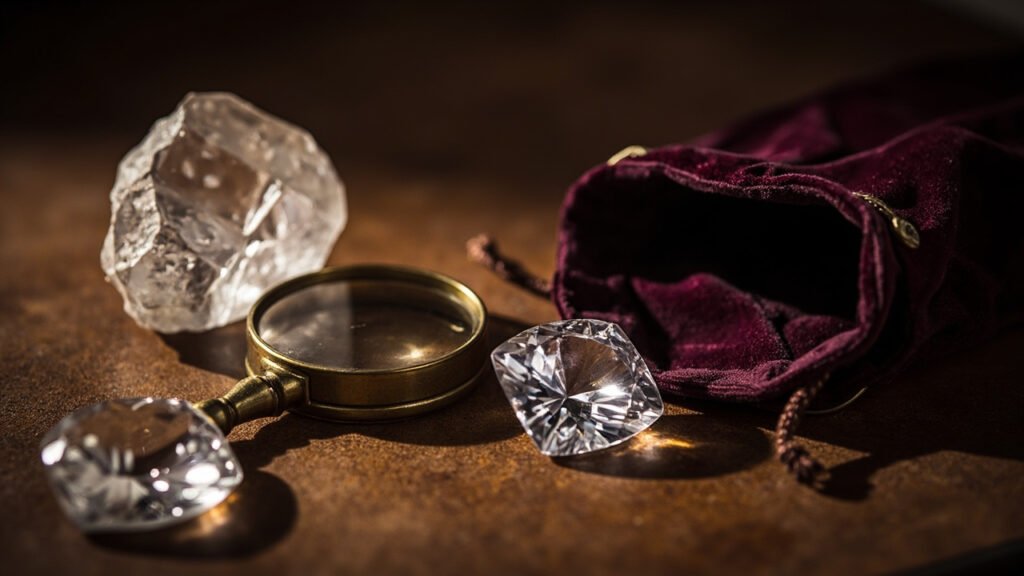 Cristal de diamant brut et pierre taillée ancienne sur cuir patiné.