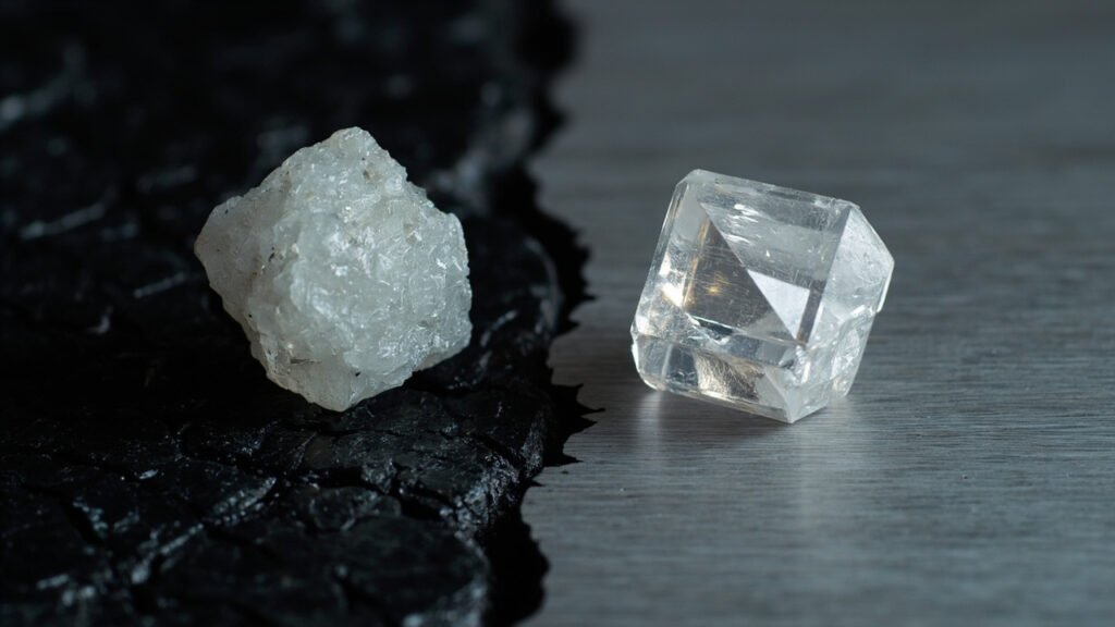 Cristal de diamant brut sur basalte et sur titane.
