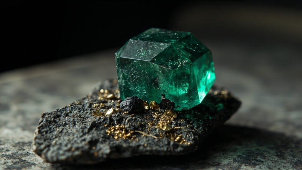 Cristal d'émeraude brut dans sa matrice de schiste sombre