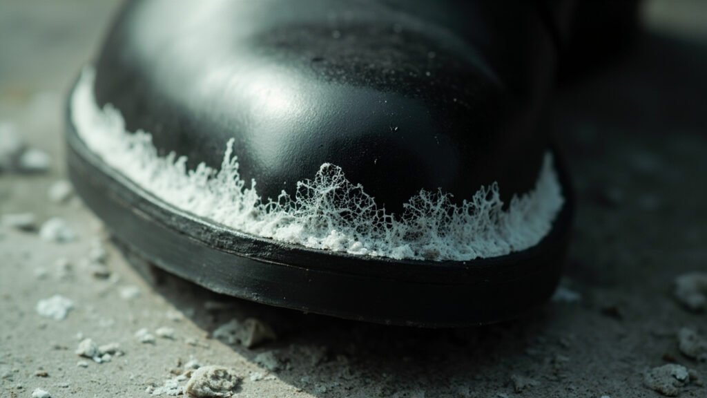 Cristaux de sel blanc effleurissant la tranche d'une semelle en cuir