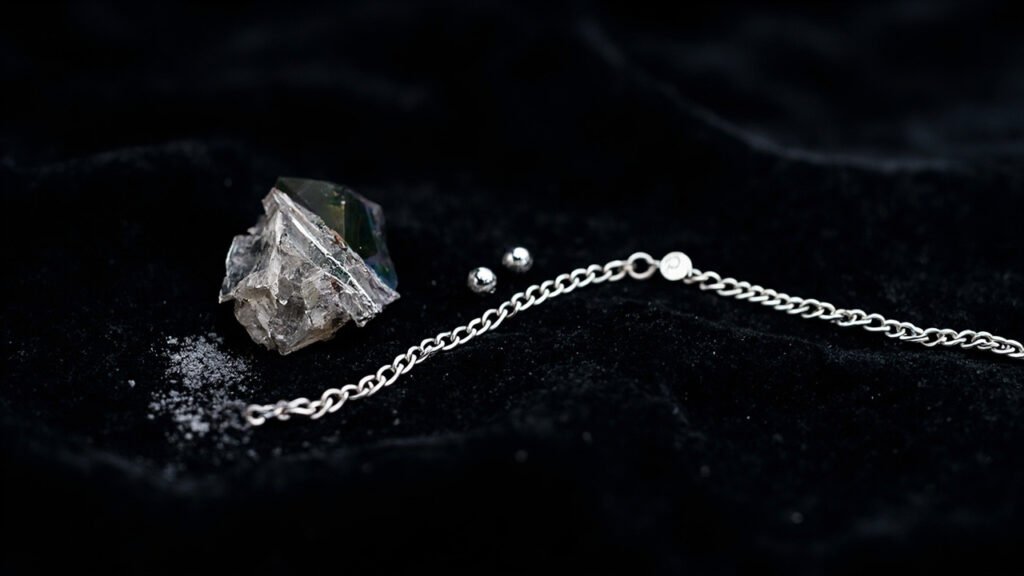 Cristaux d'iridium, perles rhodiées et poudre de ruthénium sur velours noir.