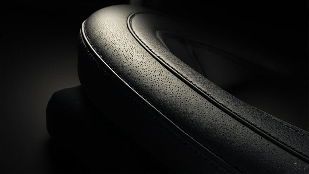Cuir automobile noir tendu, micro-perforations régulières et couture latérale.