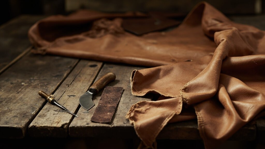 Cuir brut végétal sur établi ancien, couteau de cordonnier et alêne.