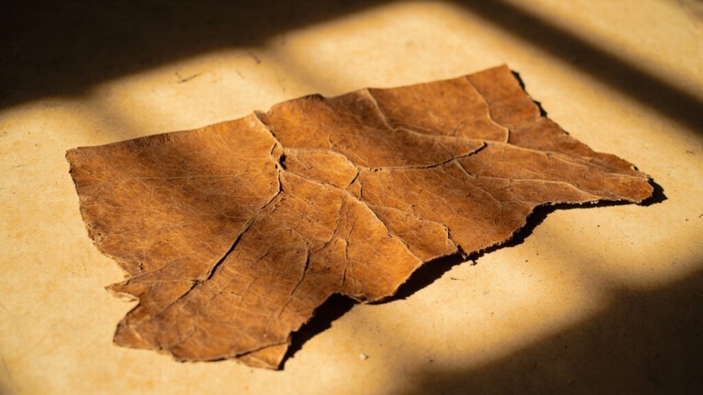 Cuir craquelé et déshydraté sous une lumière chaude intense.