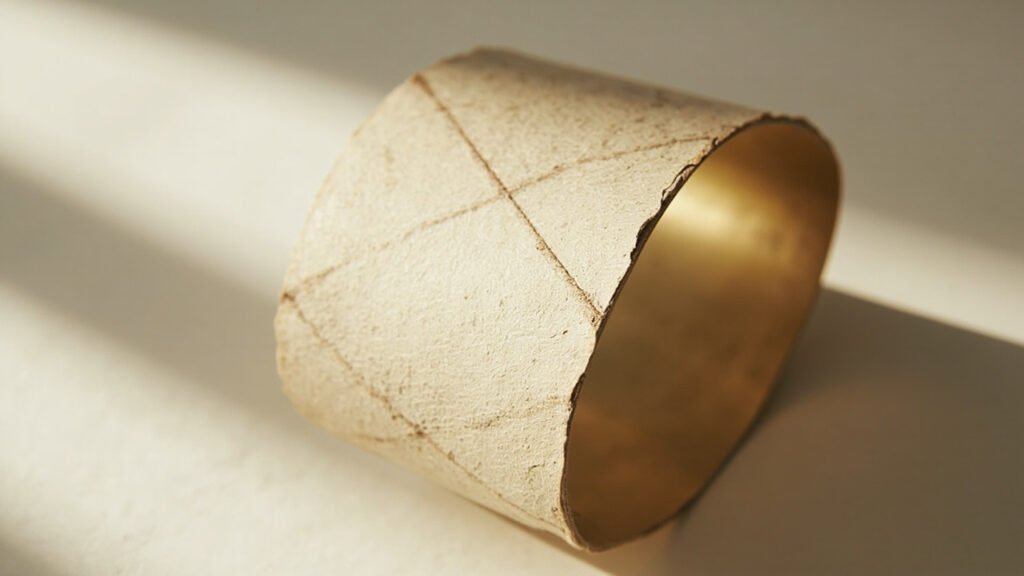 Cuir de mycelium plié autour d'un cylindre en laiton brossé, marques d'usure visibles.