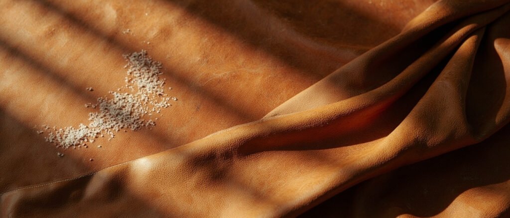 Cuir de selle cognac plissé, gouttelettes de pluie et cristaux de sel, lumière dorée.