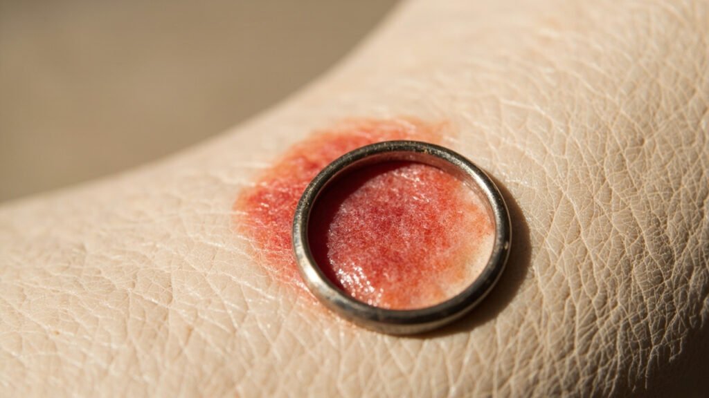 Cuir nude en gros plan, eczéma rouge, bague oxydée.