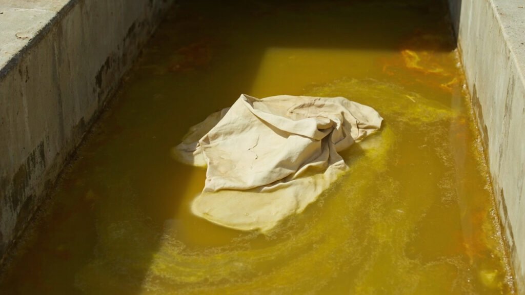 Cuir pâle dans eau ocre polluée, sédiments minéraux jaunâtres