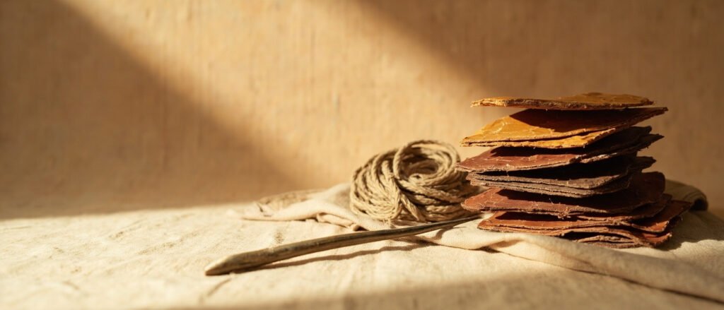 Cuir patiné ancien, alènes en os et tendon torsadé sur lin brut.