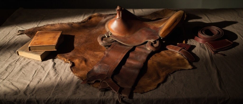 Cuir patiné cognac, selle, livre et ceinture sur lin brut.