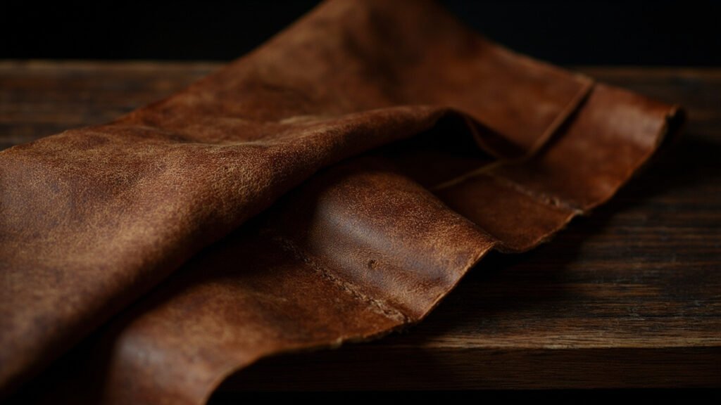 Cuir sellier patiné cognac, plissé sur noyer, grain riche et plis naturels.