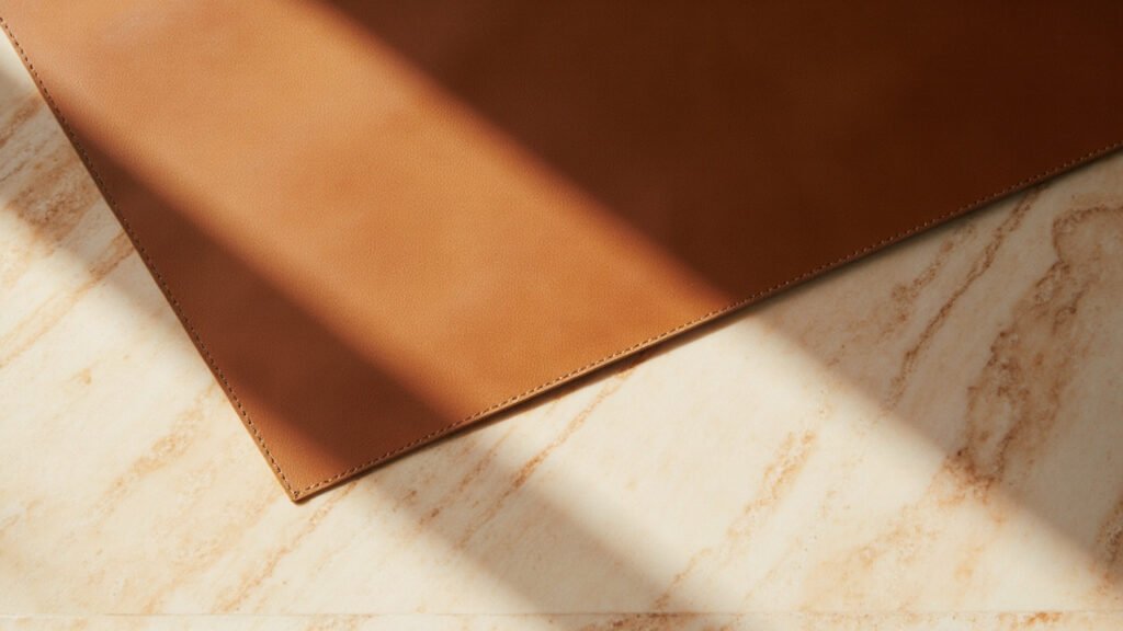 Cuir semi-aniline cognac drapé sur travertin, grain et sheen visibles.