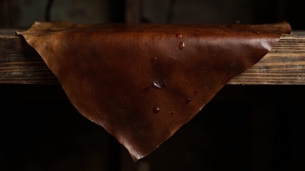 Cuir tanné mouillé, surface brillante brun châtaigne, liqueur ambrée