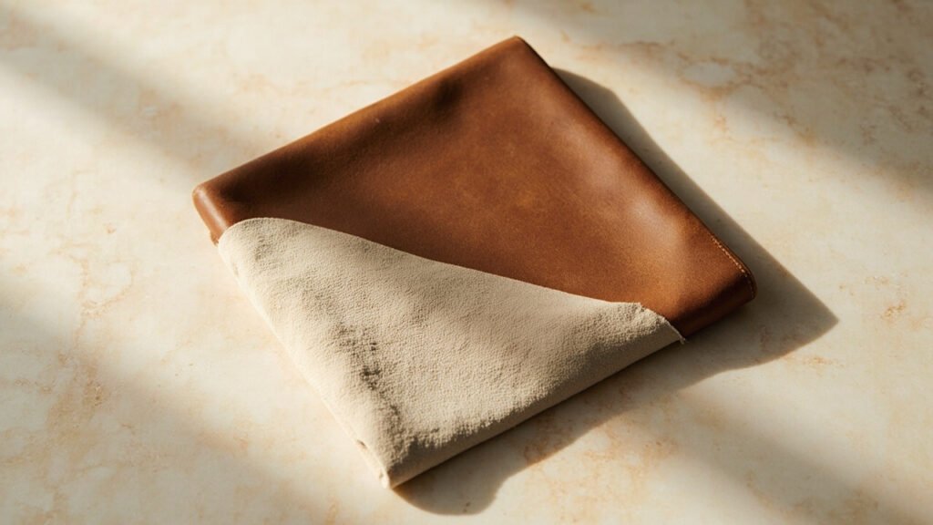 Cuir tanné végétal plié révélant sa chair fibreuse brute.