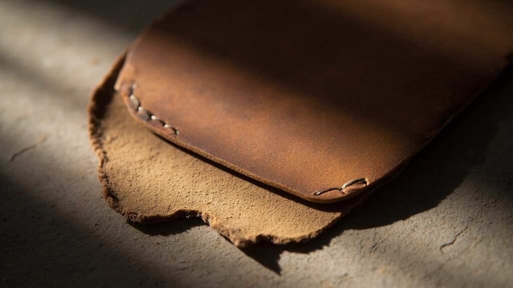 Cuir travaillé main, piqûre sellier fine, tranche lustrée, chair velours apparente.