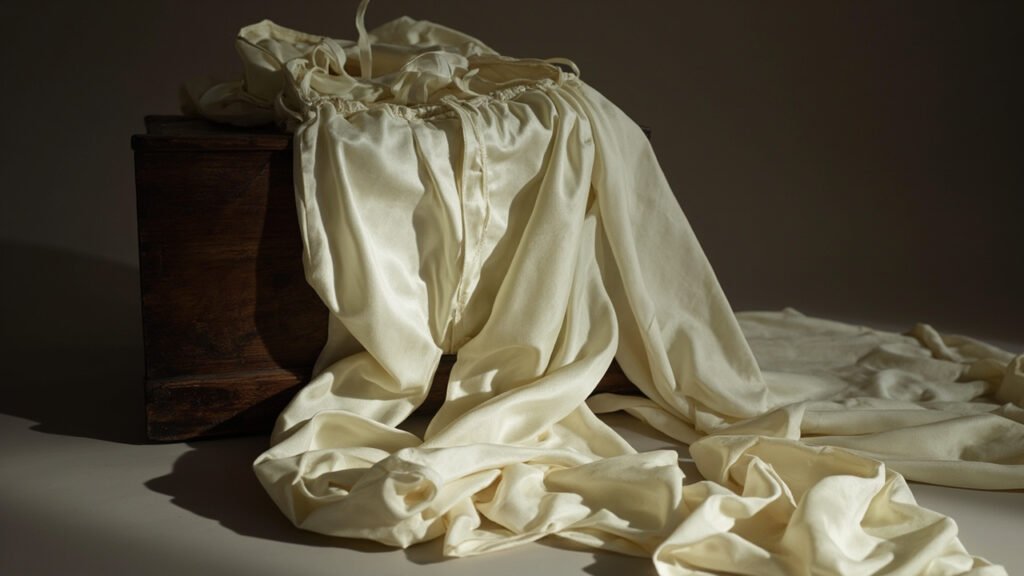 Culotte ancienne en satin crème sur bois de noyer vieilli.